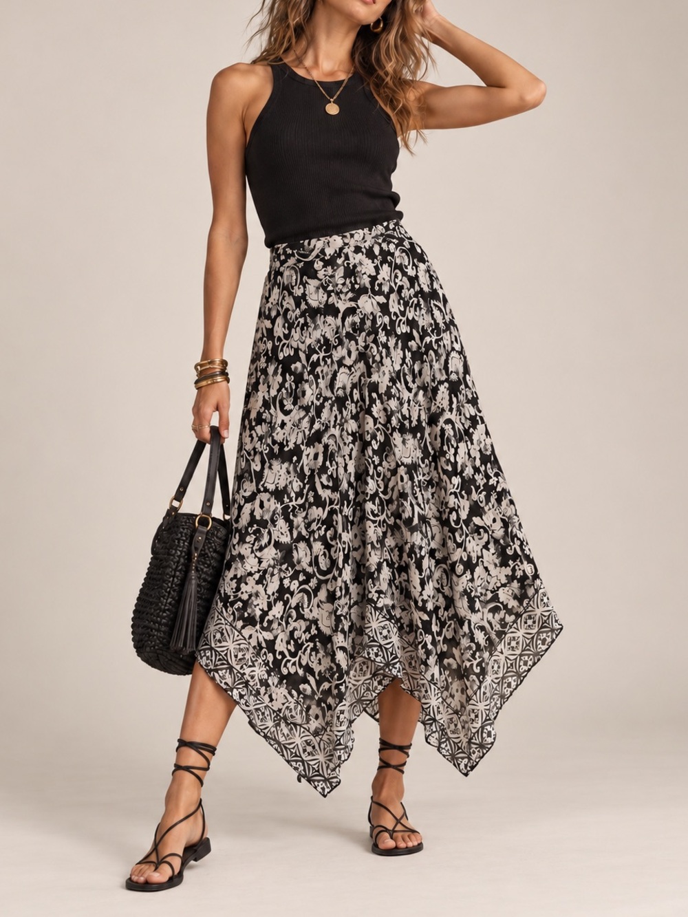 Charter Club 100% Silk Floral Handkerchief Hem Midi Skirt Black size 16